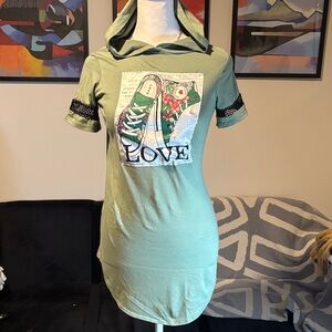 Green Hooded T-Shirt Dress with Graphic Print